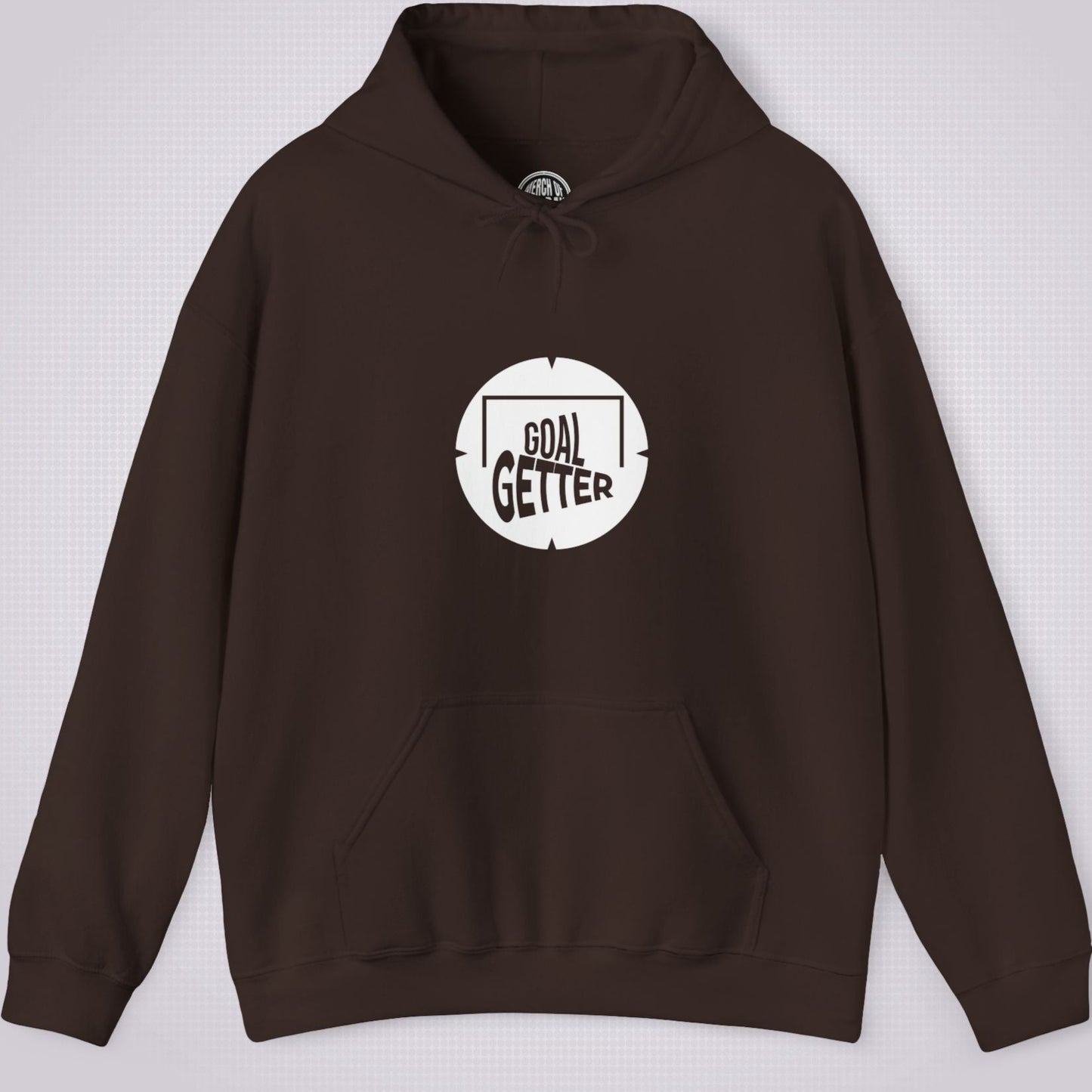 Brown hoodie on a light grey patterned background. The graphic on the front shows a circle that partially resembles a target and a football with the words goal getter written inside a soccer goal frame