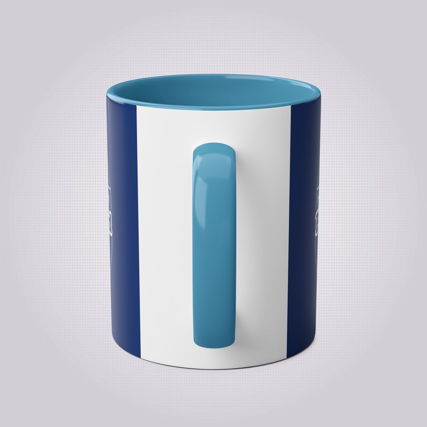 Shows the light blue handle from the back