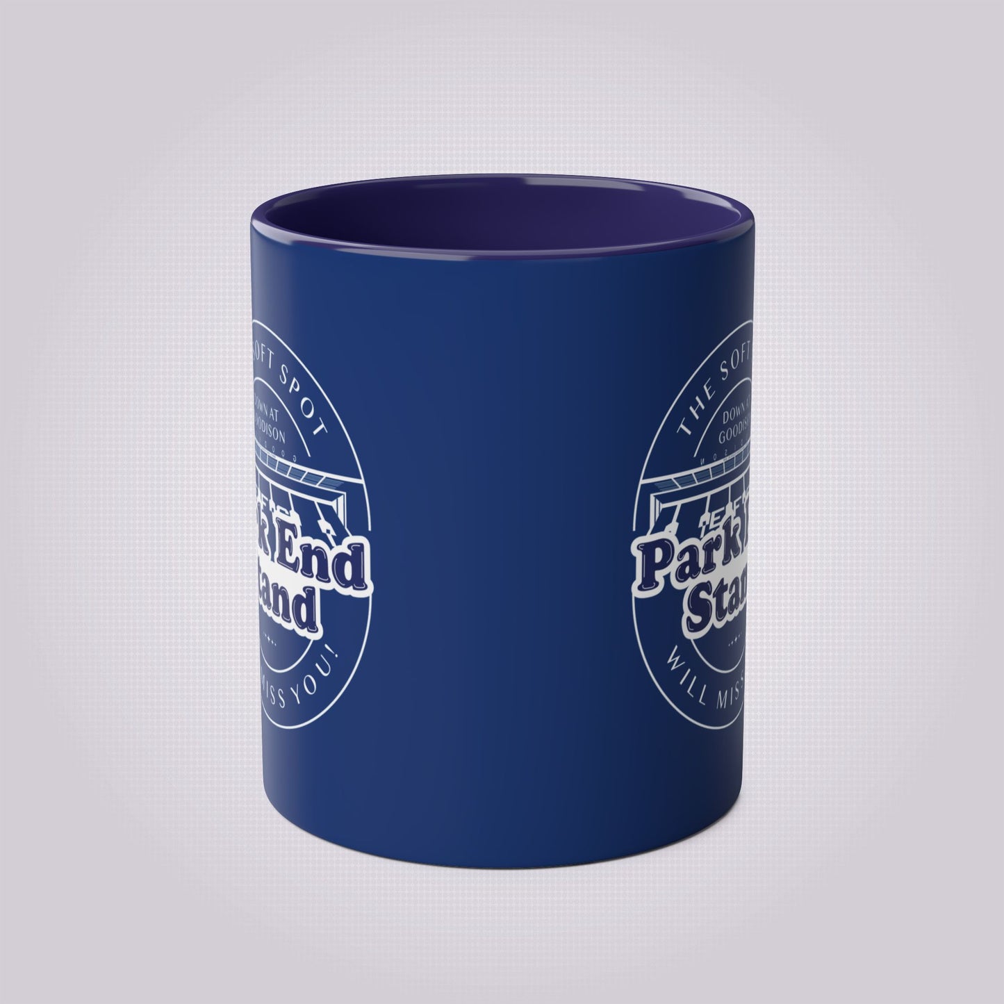 Shows the dark blue infill and the mug from the front so you can see the artwork on both sides of the mug.