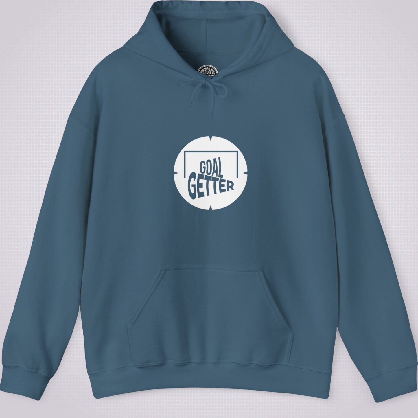 Indigo Blue hoodie on a light grey patterned background. The graphic on the front shows a circle that partially resembles a target and a football with the words goal getter written inside a soccer goal frame