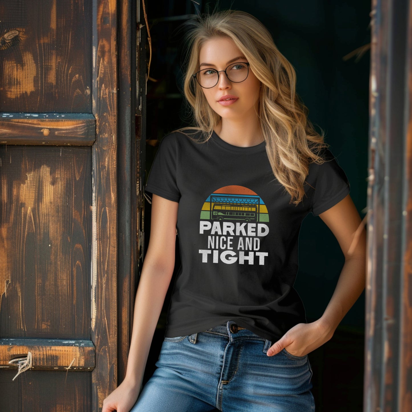 Young female blonde models the charcoal t shirt with a pair of jeans