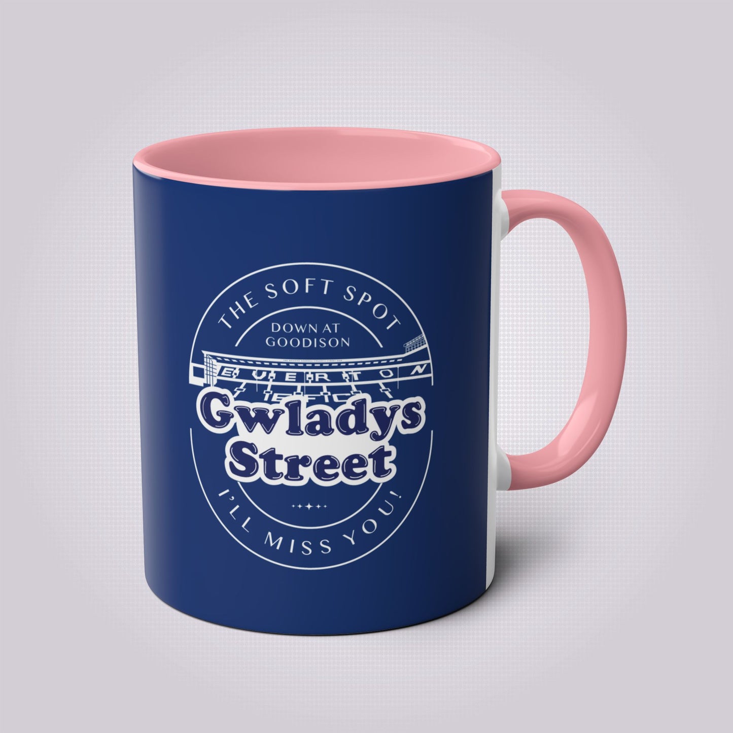 Navy Blue mug with pink handle and inners the artwork on the front shows a graphic of the famous Gwladys Street End with the words 'The Soft Spot down at Goodison Gwladys Street I'll Miss You!'