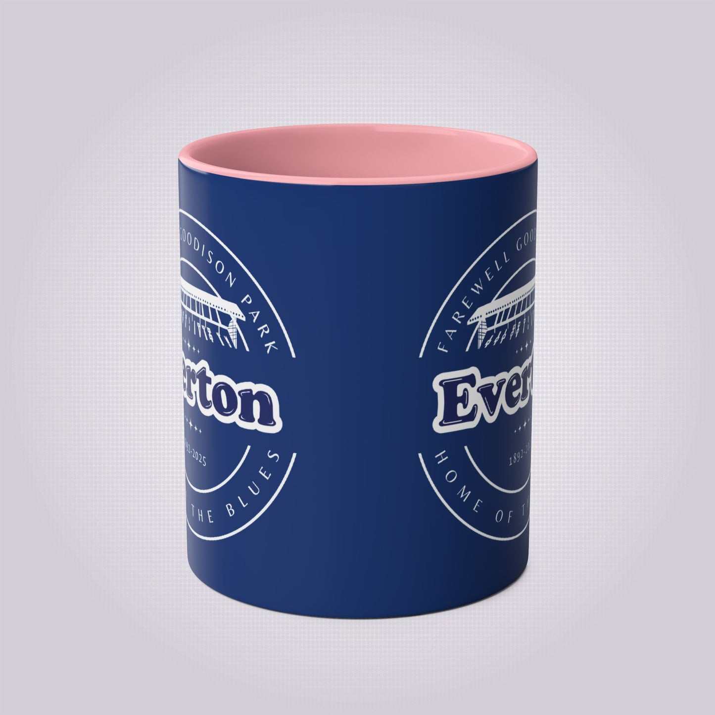 Shows the pink infill with the main part of the mug in dark blue with the graphic print on both sides