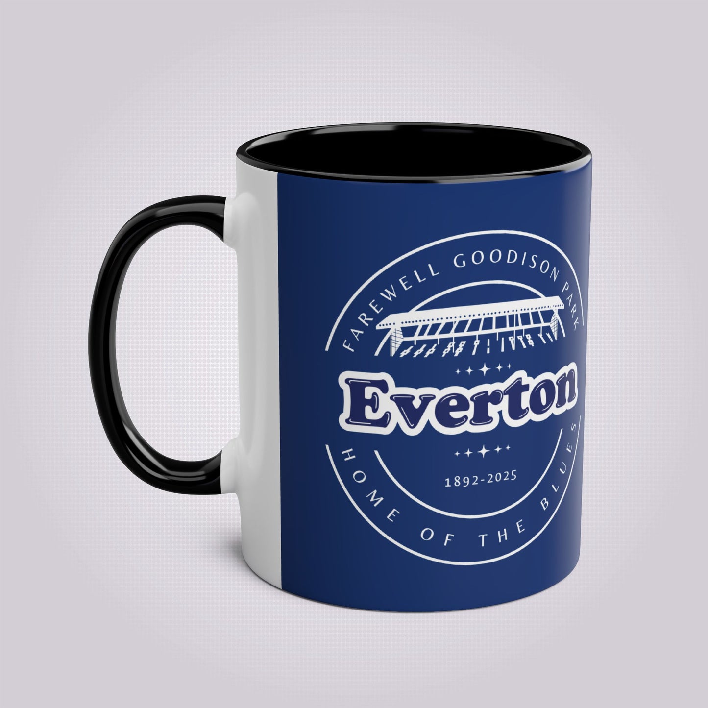 Shows the black handle and infill colour with the handle on the left the mug colour is in navy with the graphic of goodison park and the words around it written in white, the words read 'Farewell Goodison Park Everton Home of the blues 1892 - 2025'.