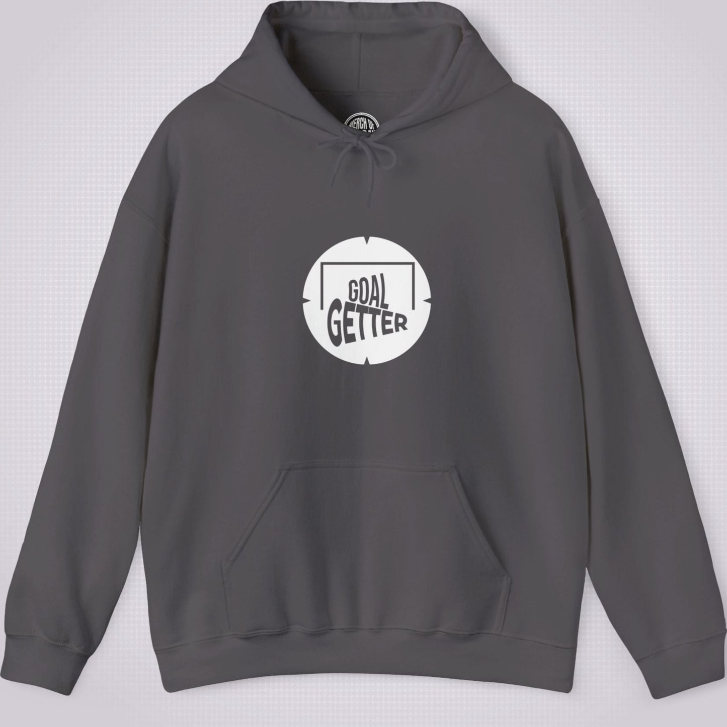 Charcoal hoodie on a light grey patterned background. The graphic on the front shows a circle that partially resembles a target and a football with the words goal getter written inside a soccer goal frame