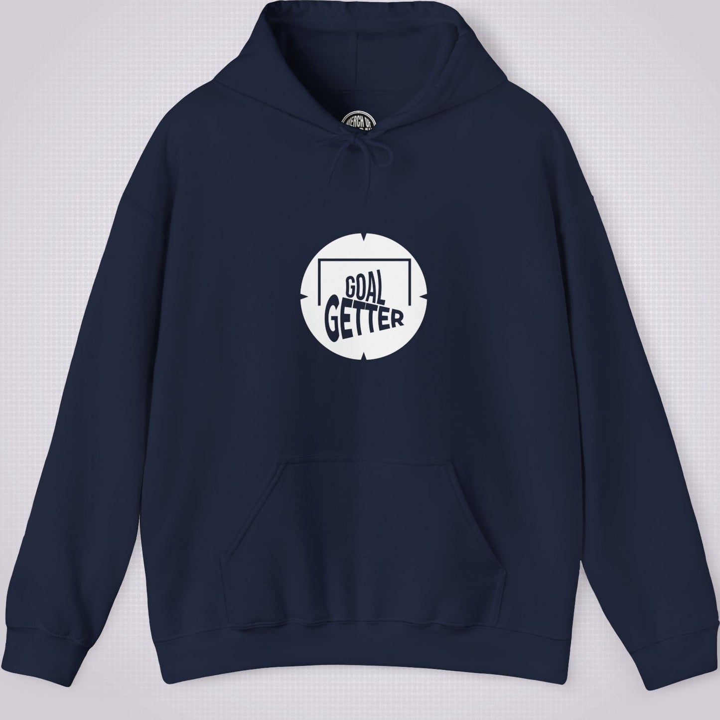 Navy hoodie on a light grey patterned background. The graphic on the front shows a circle that partially resembles a target and a football with the words goal getter written inside a soccer goal frame