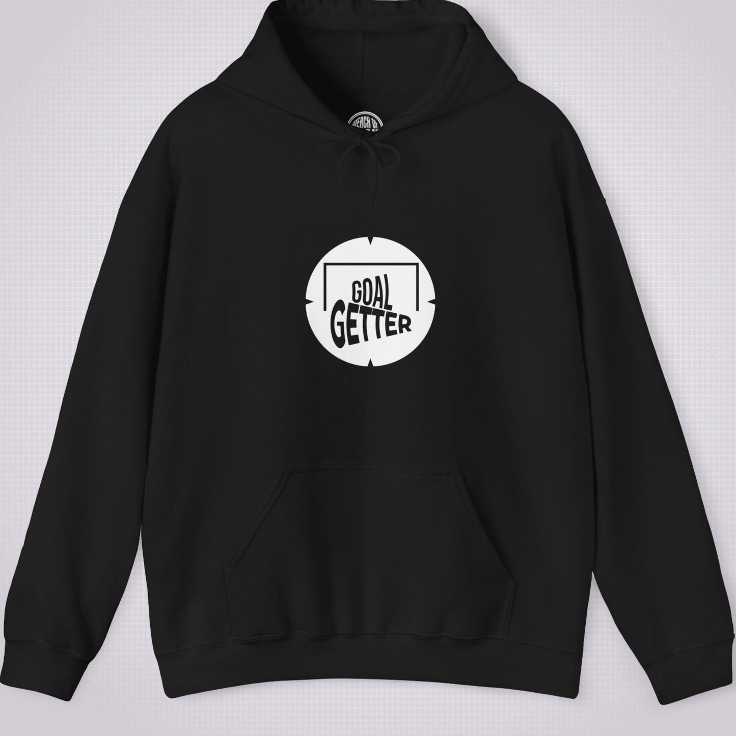 Black hoodie on a light grey patterned background. The graphic on the front shows a circle that partially resembles a target and a football with the words goal getter written inside a soccer goal frame