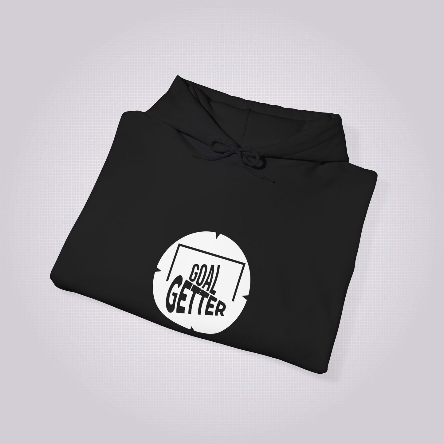 Black hoodie folded up showing the graphic and the drawstring tie