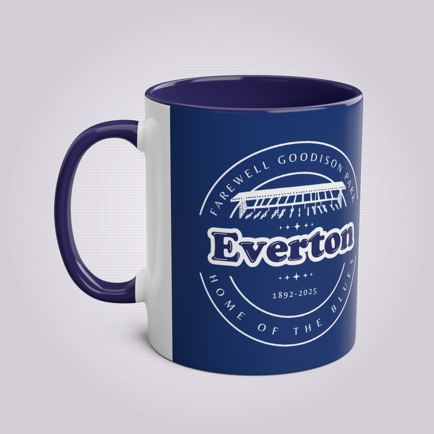 Shows the dark blue handle and infill colour with the handle on the left the mug colour is in navy with the graphic of goodison park and the words around it written in white, the words read 'Farewell Goodison Park Everton Home of the blues 1892 - 2025'.