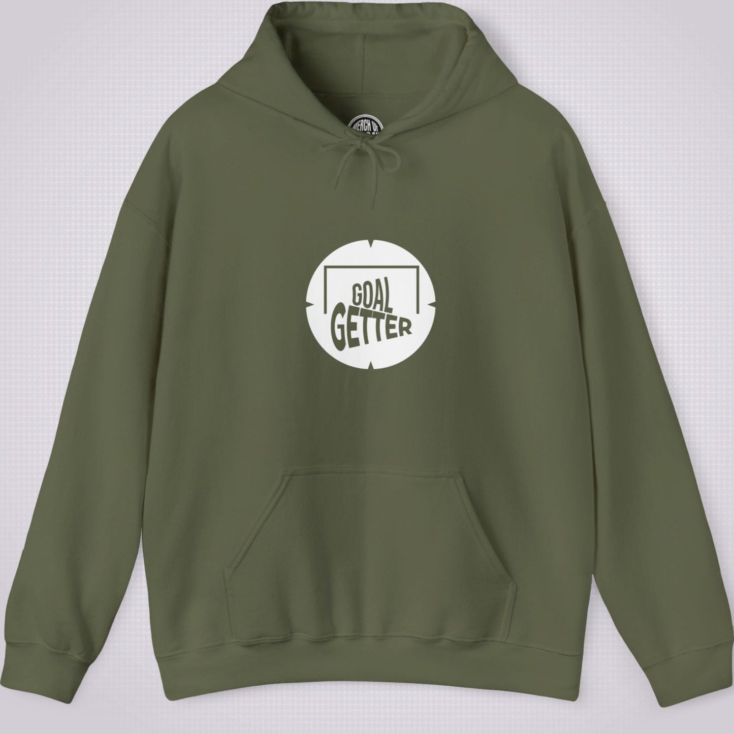 Green hoodie on a light grey patterned background. The graphic on the front shows a circle that partially resembles a target and a football with the words goal getter written inside a soccer goal frame