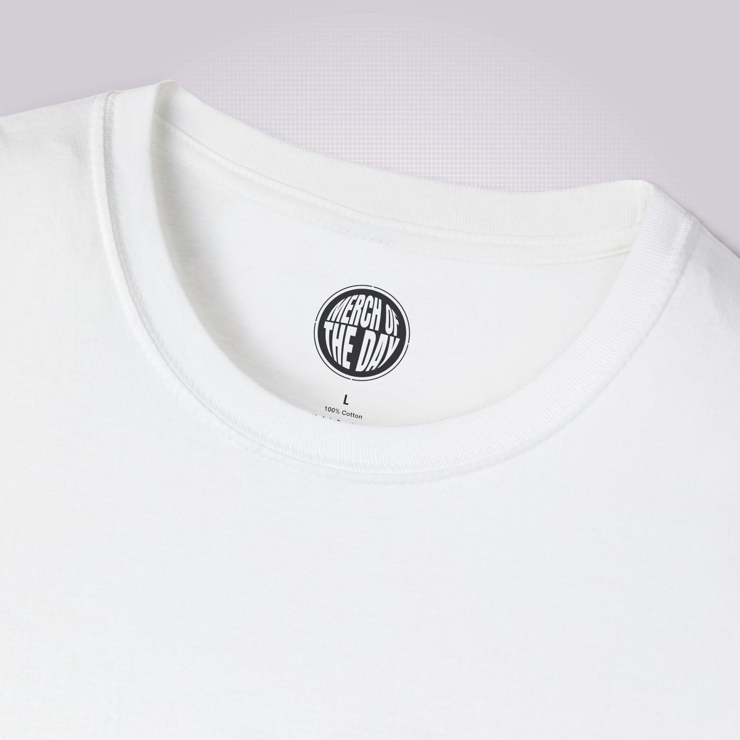 Close up of white t shirt showing the crew neckline and the clothing brand logo on the inner label