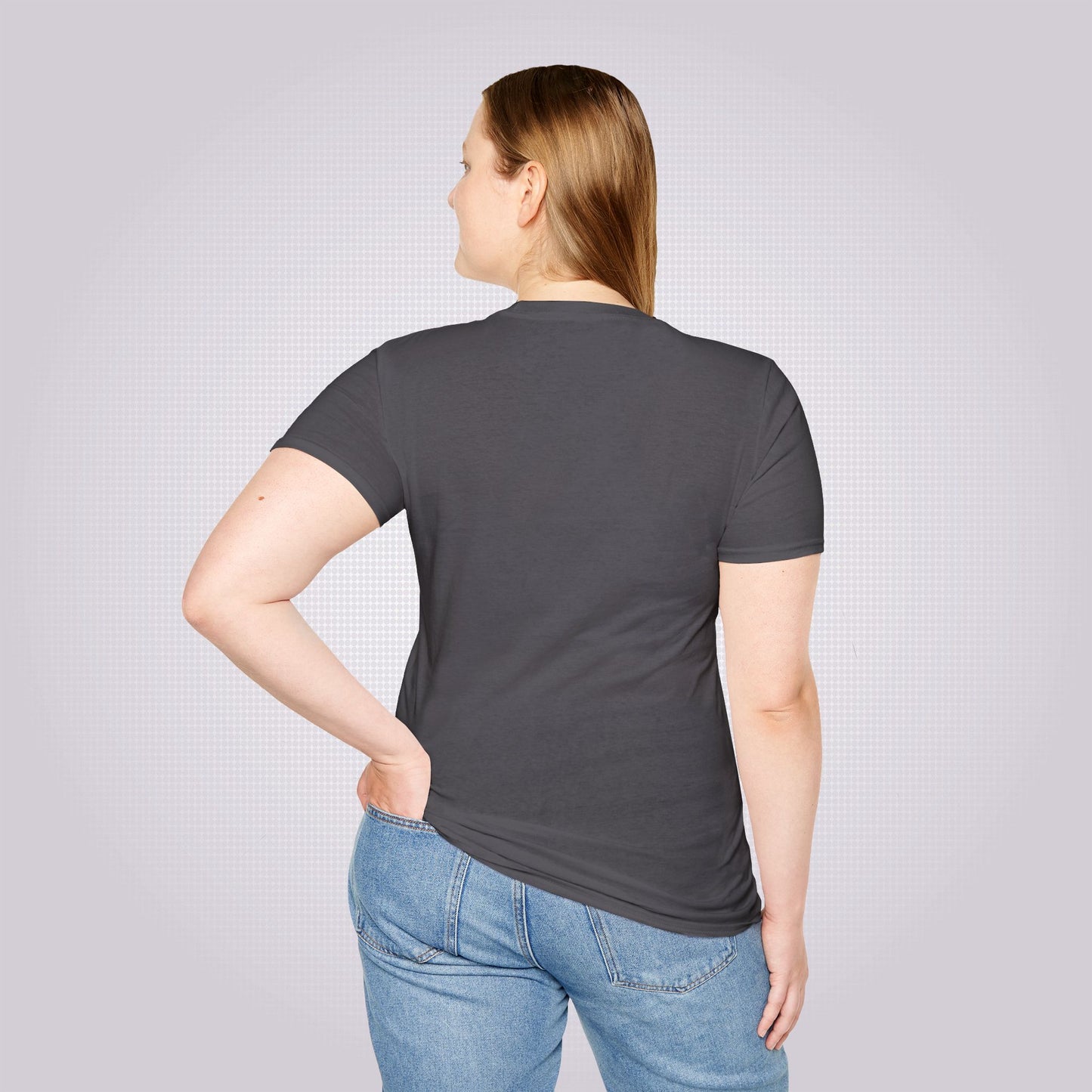 Picture shows a young female model wearing the charcoal t shirt and jeans she is stood looking to her left with her back facing the camera