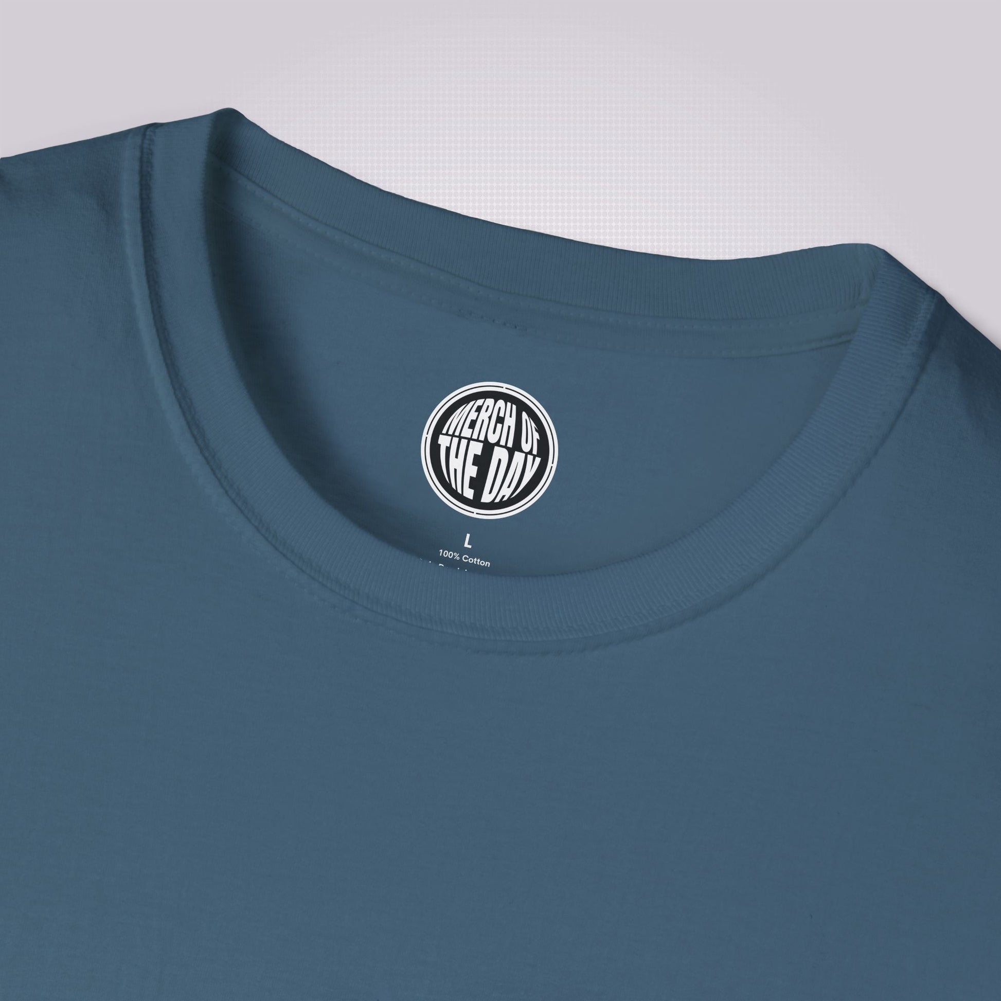 close up of the indigo blue variant showing the crew neckline and the clothing brand logo on the inner neck label