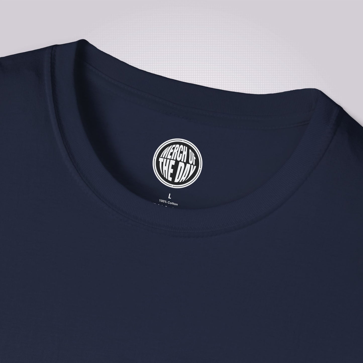 Close up of navy t shirt showing the crew neckline and clothing brand logo on the inner label