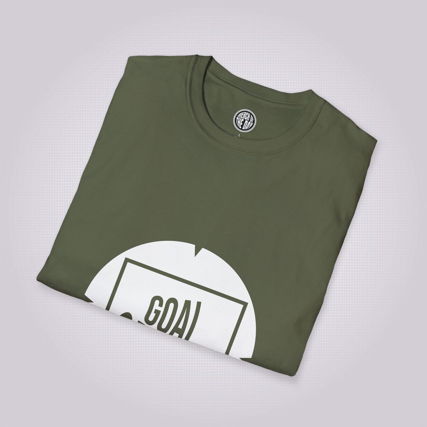 Military Green t shirt folded and placed at a slight right angle on a light grey background