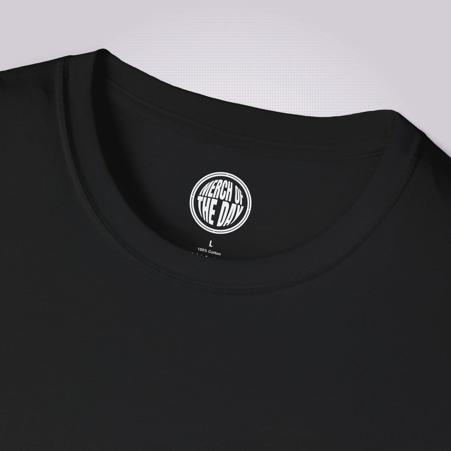 Close up of black t shirt showing crew neck and clothing brand logo