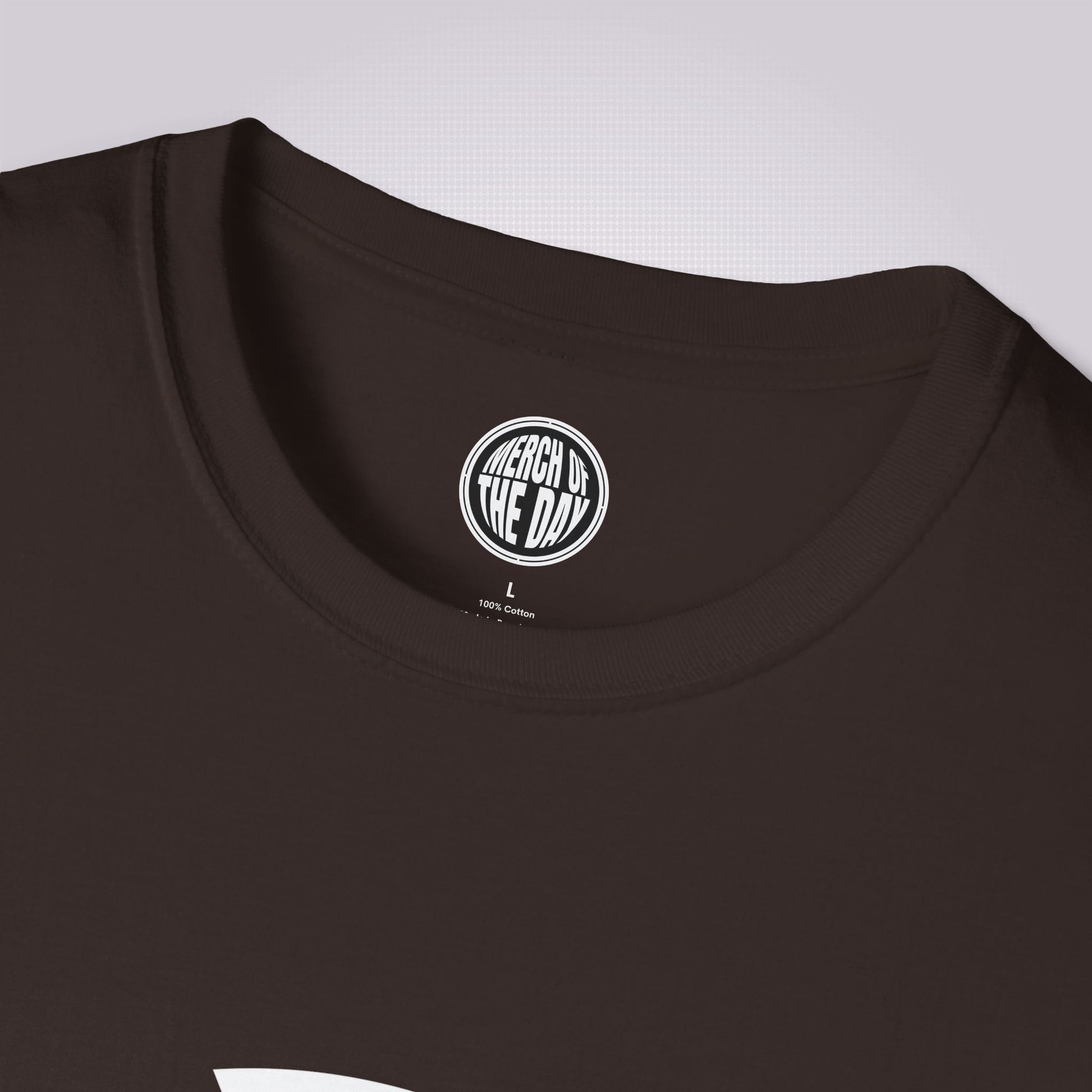 Close up of brown t shirt showing the crew neckline and clothing brand logo on the inner label