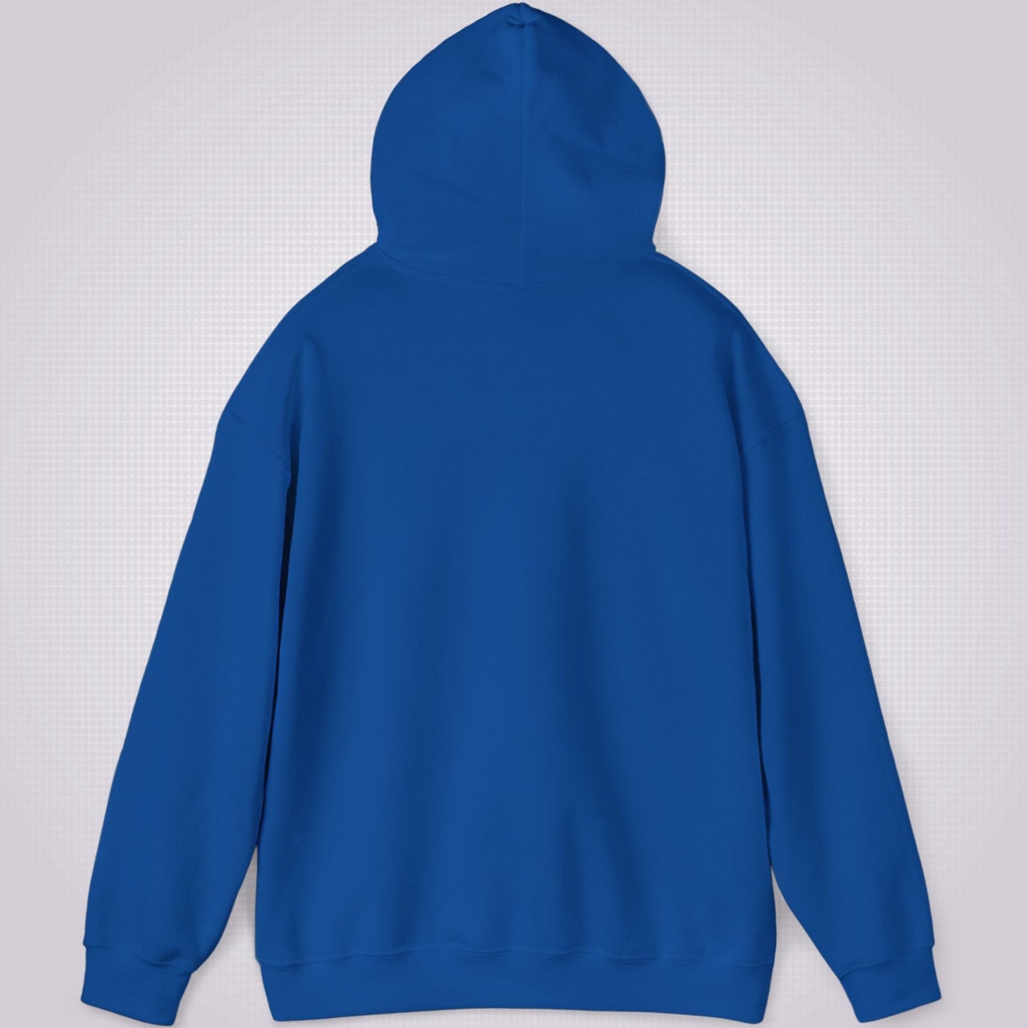 Picture shows the reverse side of the royal blue hoodie with the hood lifted off the shoulders