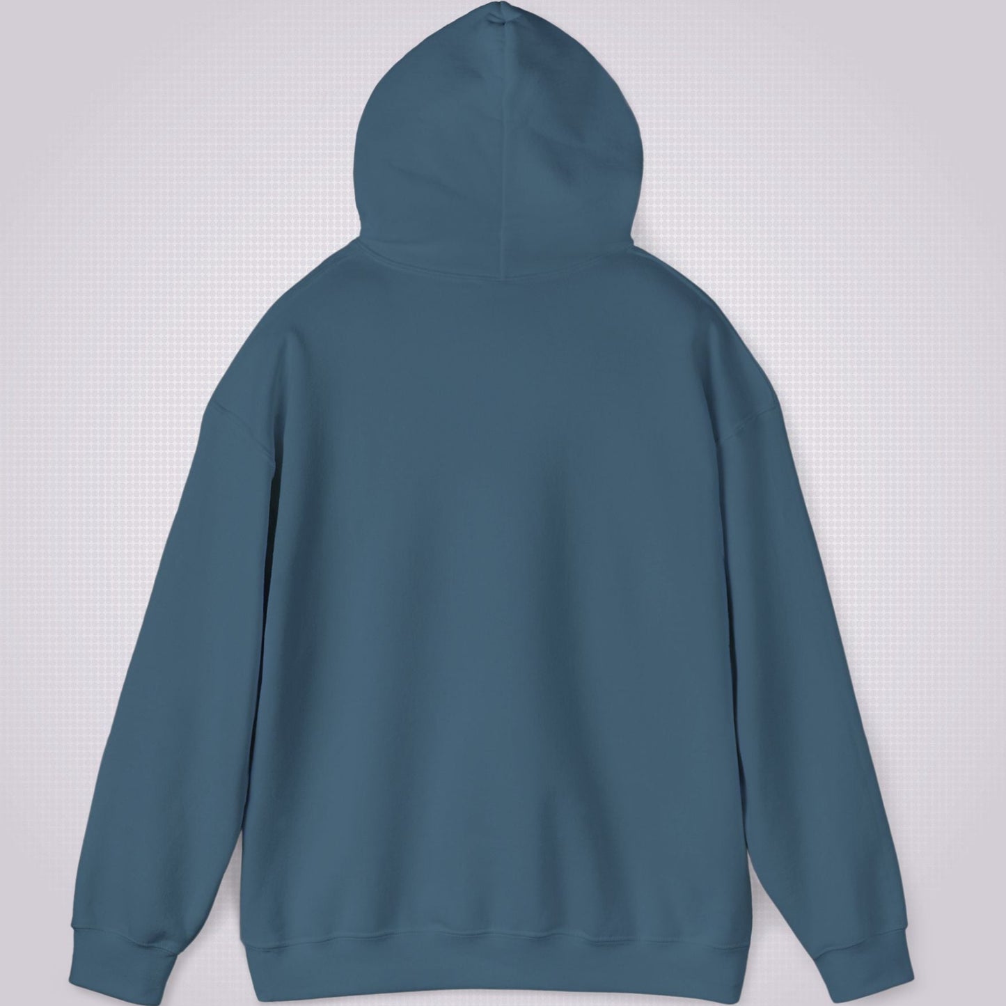 Picture shows the reverse side of the indigo blue hoodie with the hood lifted up from the shoulders