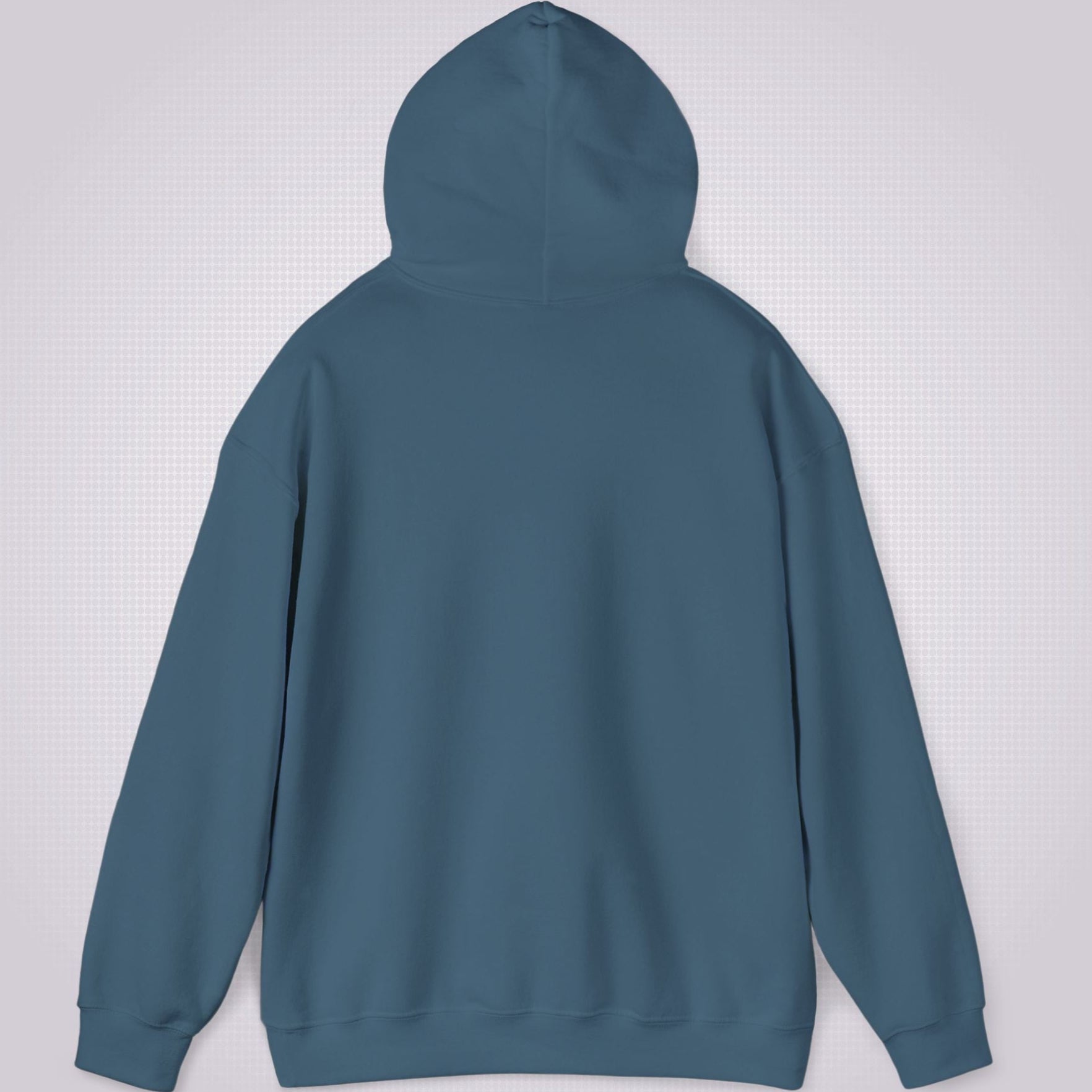 Picture shows the reverse side of the indigo blue hoodie with the hood lifted up from the shoulders