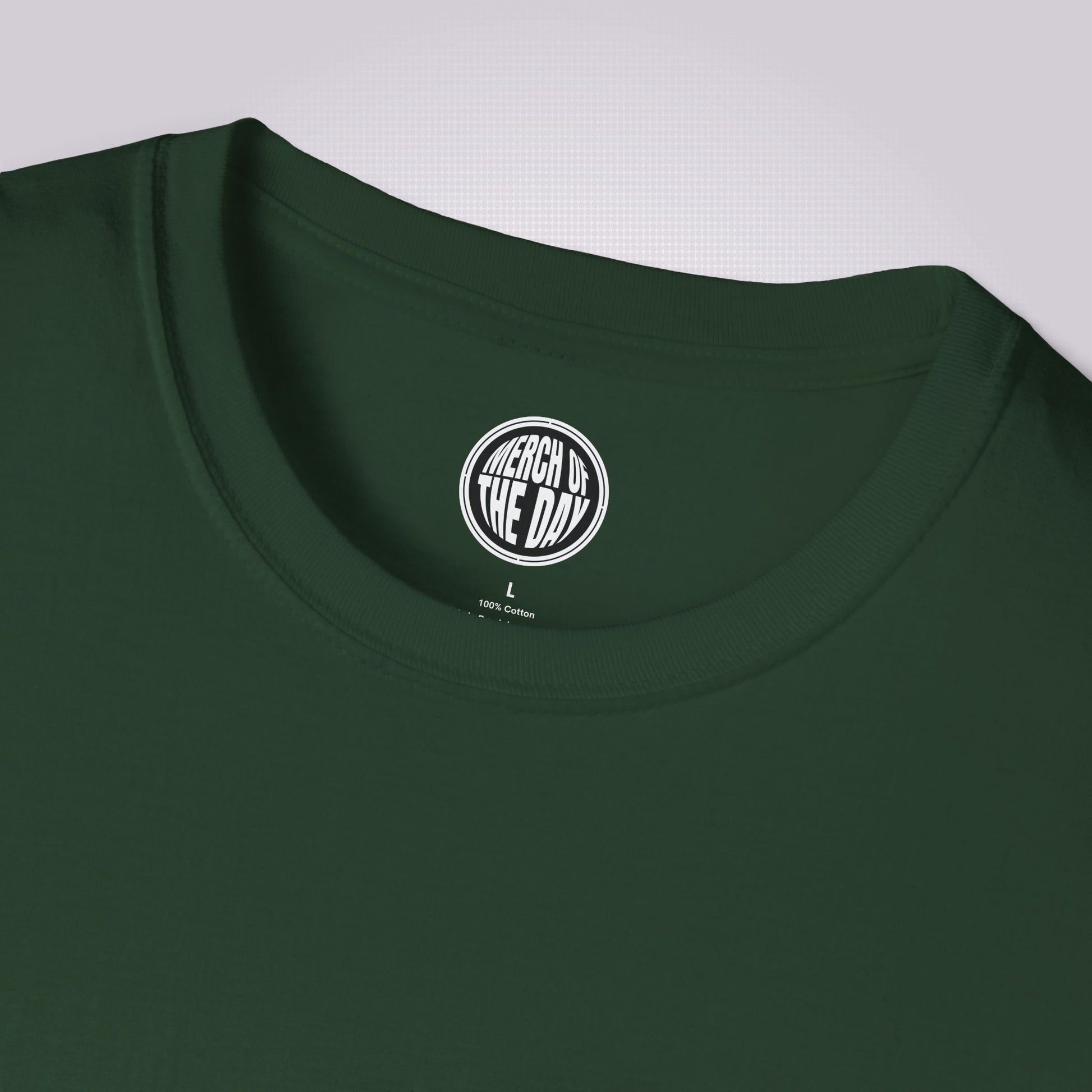 close up of forest green t shirt showing the crew neckline and the clothing brand logo on the inner neck label