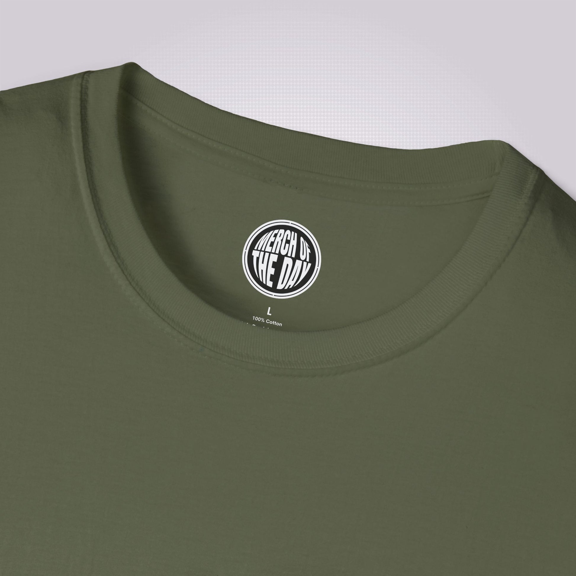 Close up of military green t shirt showing the crew neck and clothing logo on the inner neck label