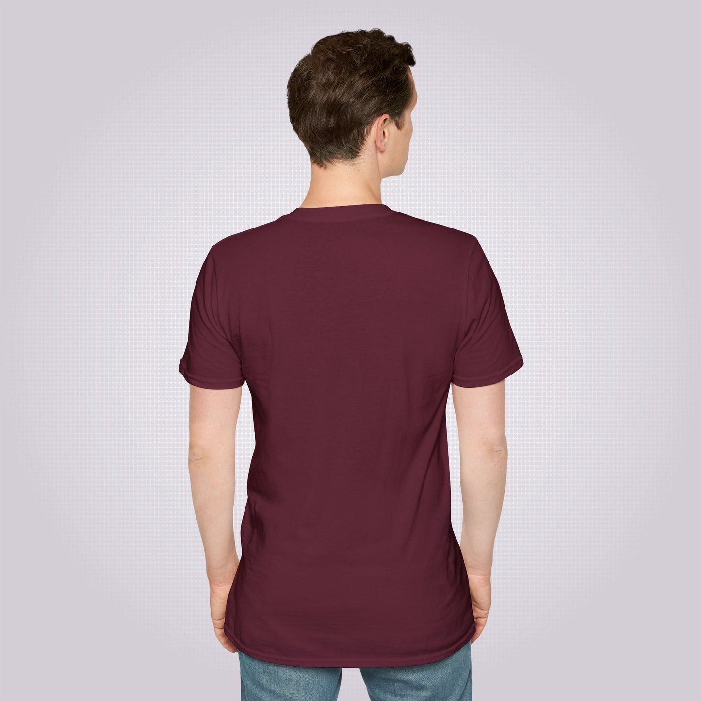 Picture shows a male model with his back turned to the camera wearing the maroon t shirt