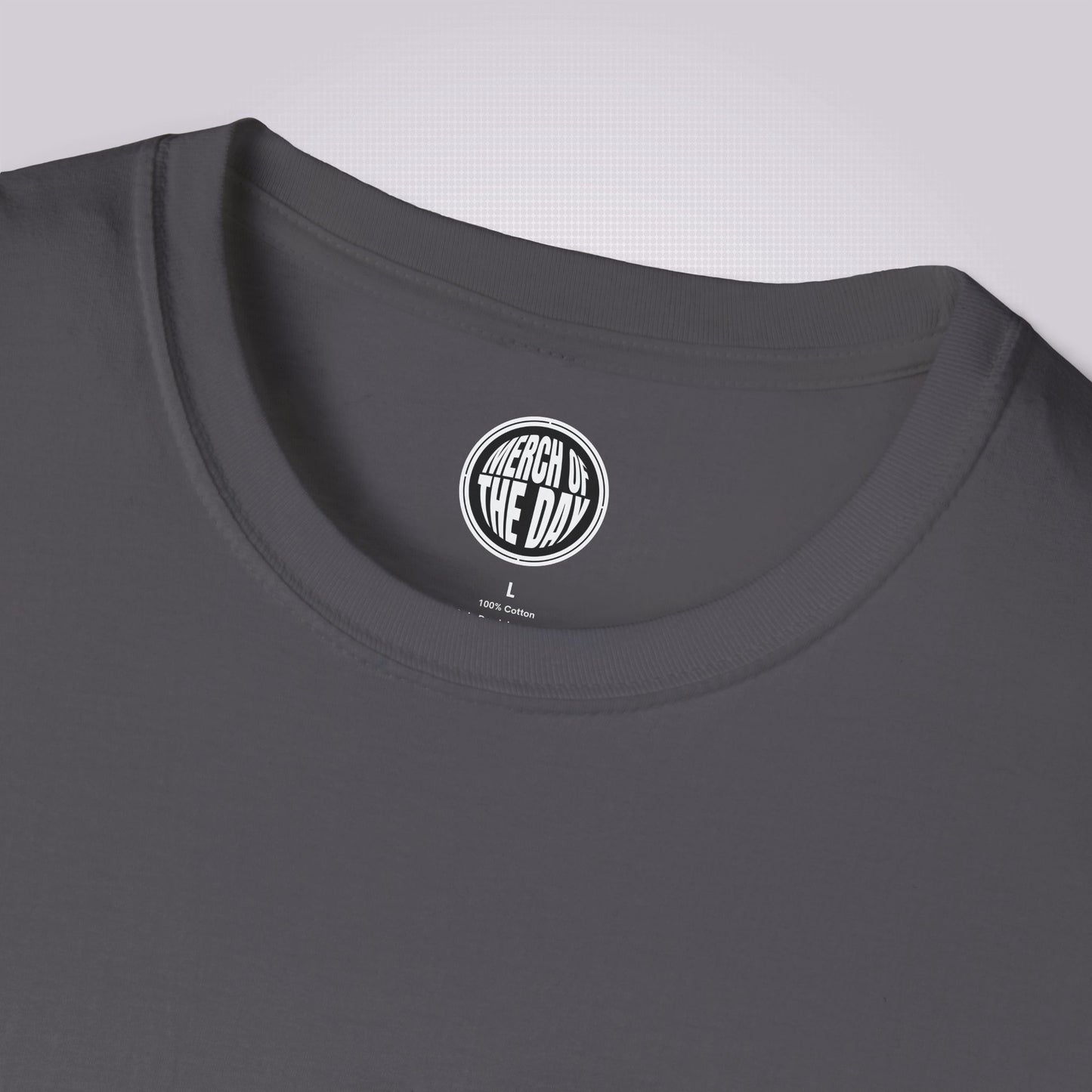 close up of the charcoal variant showing the crew neckline and the clothing brand logo on the inner neck label