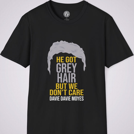 Black t shirt on a light grey dotted background the graphic shows david moyes's grey hair with the words 'he got' in yellow then the words 'grey hair' in grey and then the words 'but we don't care' in yellow follow by ' davie davie moyes' in white writing