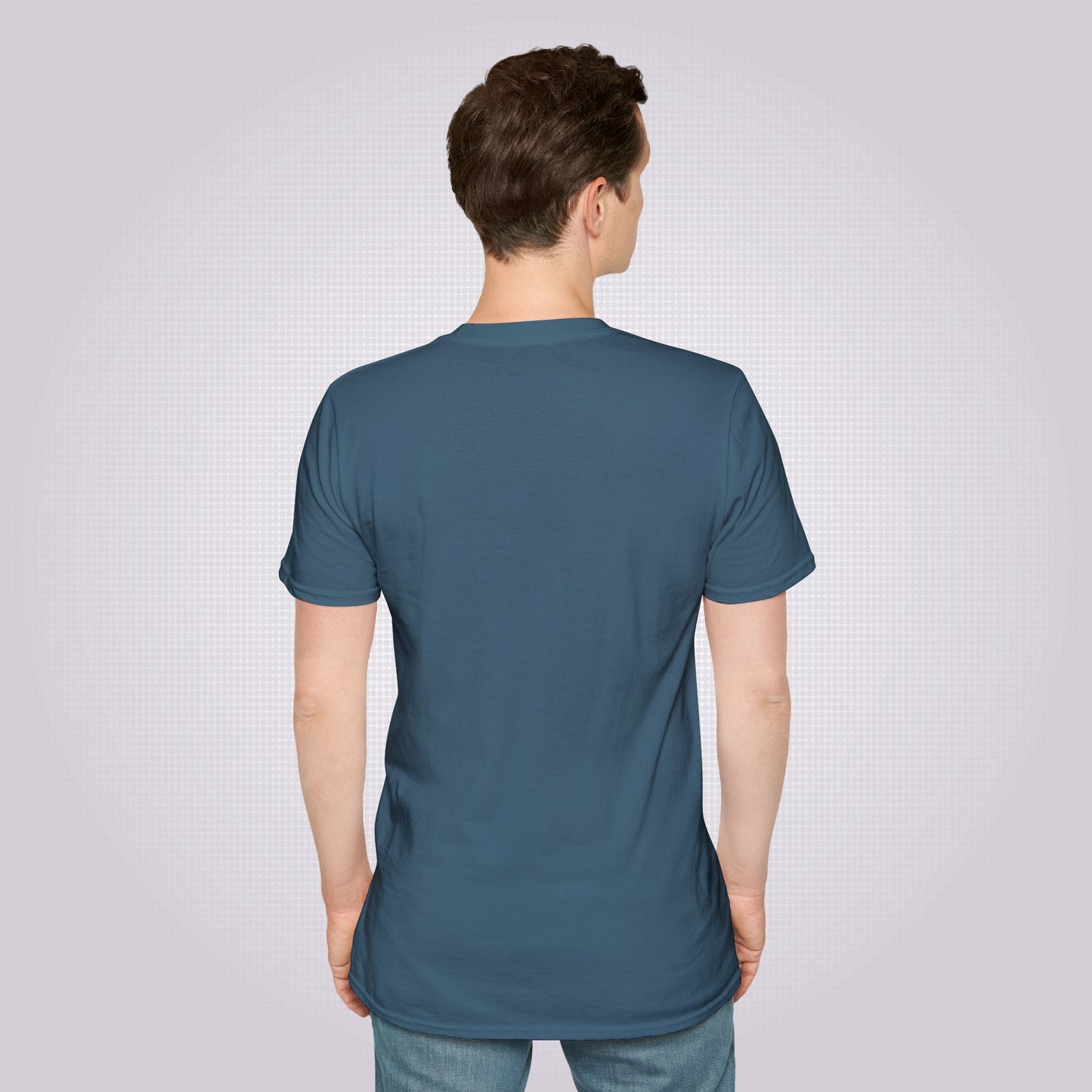 Young male model wearing Indigo Blue t shirt with his back turned to the camera