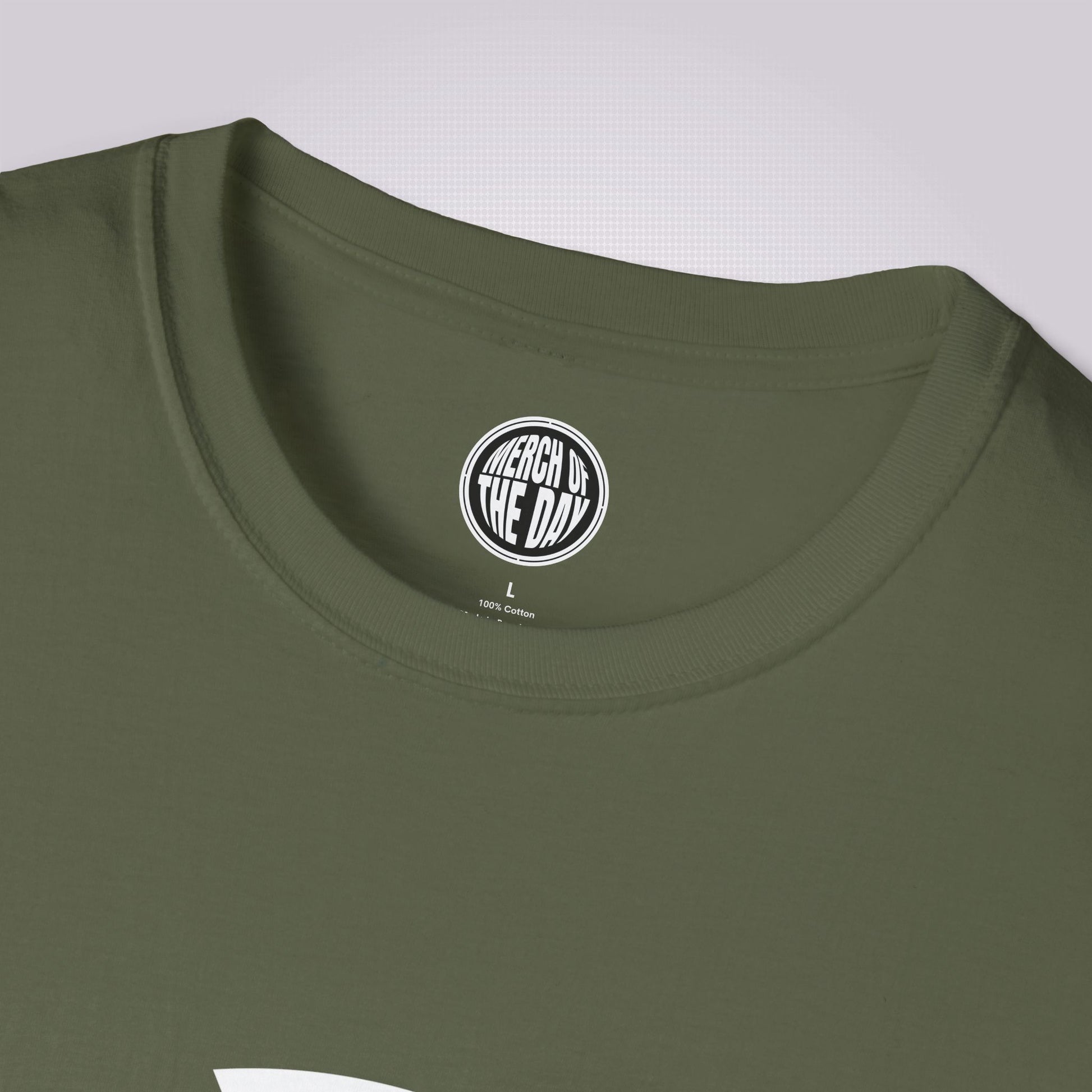 Close up of Military Green t shirt showing the crew neckline and clothing brand logo on the inner label