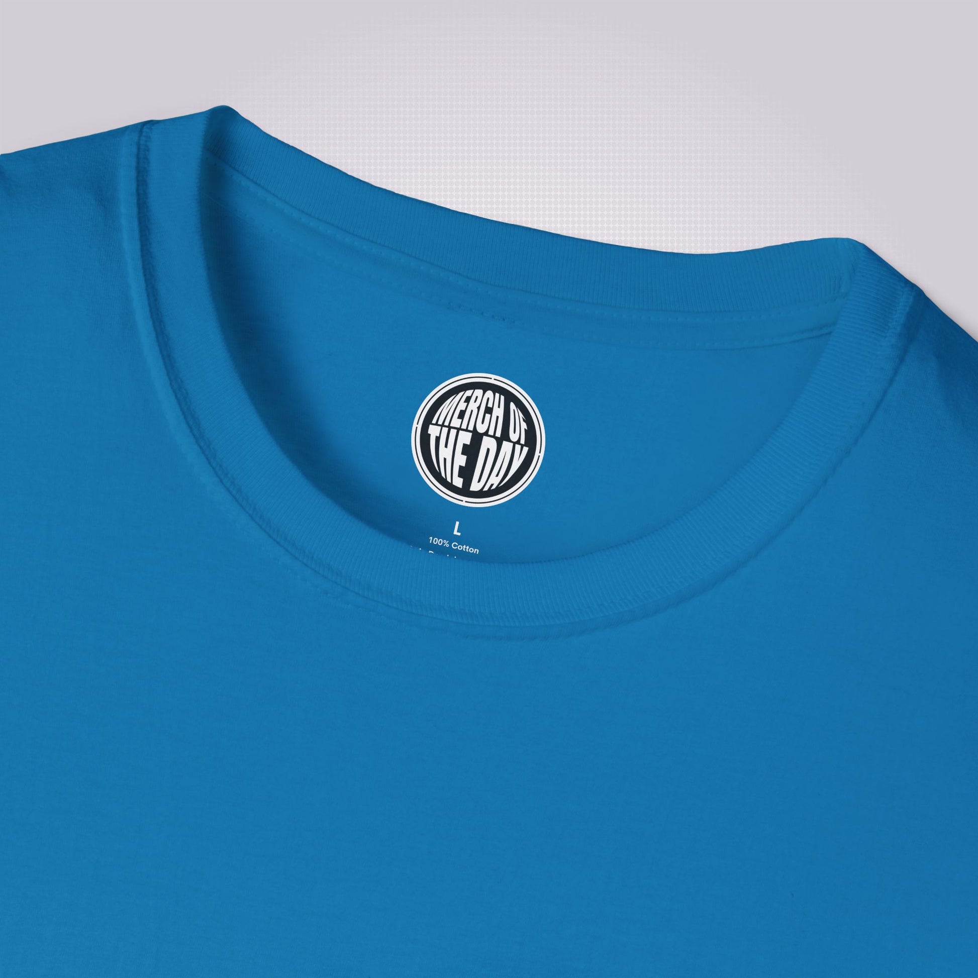 close up of royal blue t shirt showing the crew neckline and the clothing brand logo on the inner neck label