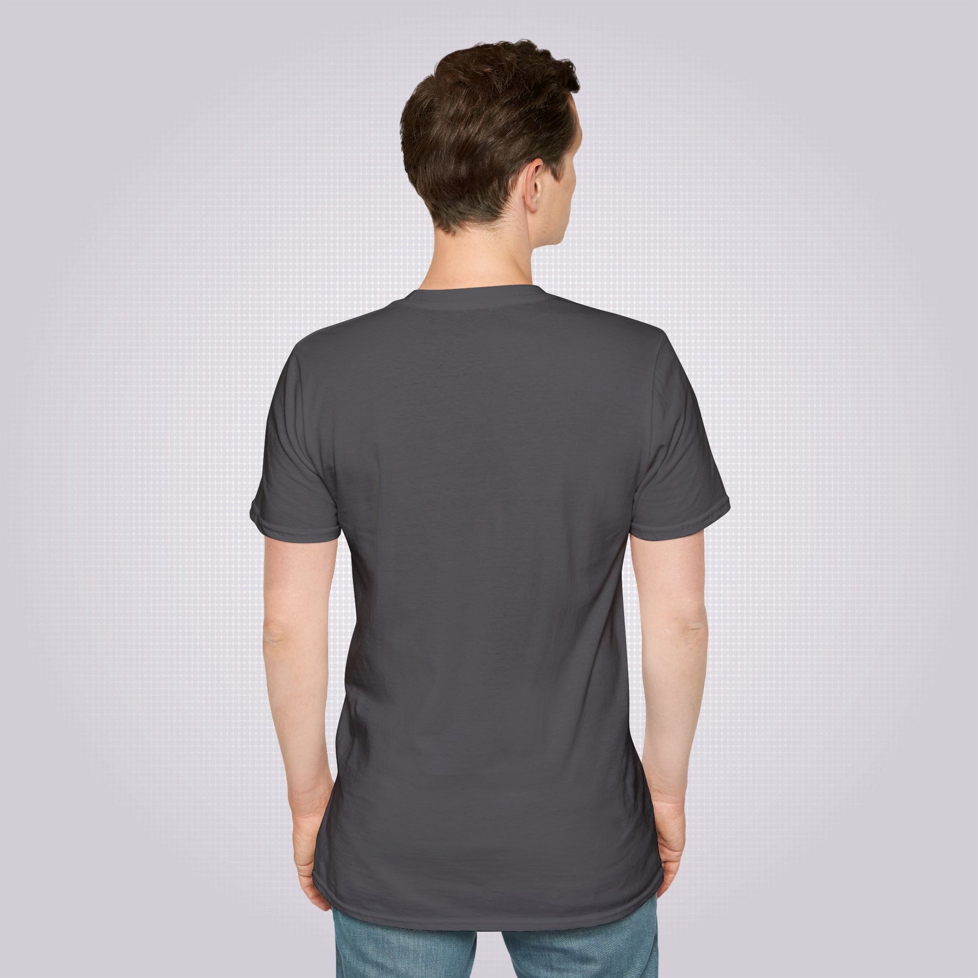 Young male model with his back to the camera shows off the charcoal t shirt from behind