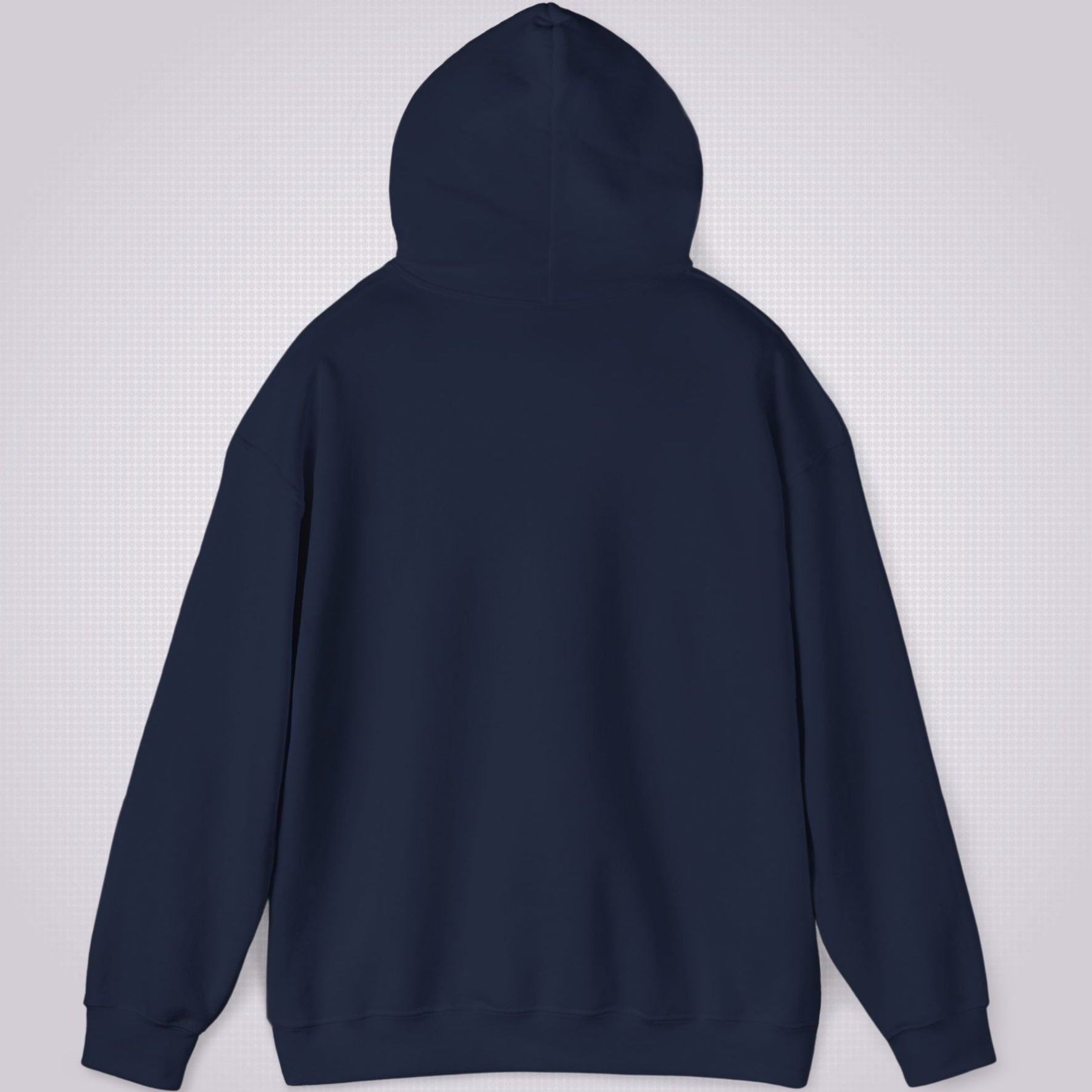 Picture shows the back of the Navy hoodie with the hood raised up from the shoulders