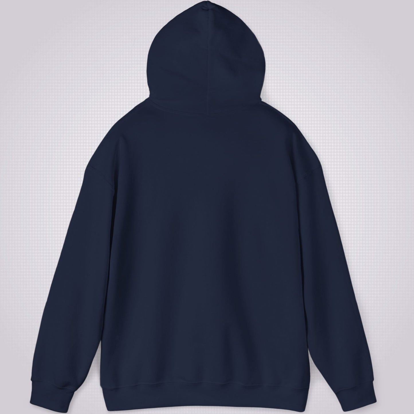 Picture shows the reverse side of the navy hoodie with the hood lifted up from the shoulders