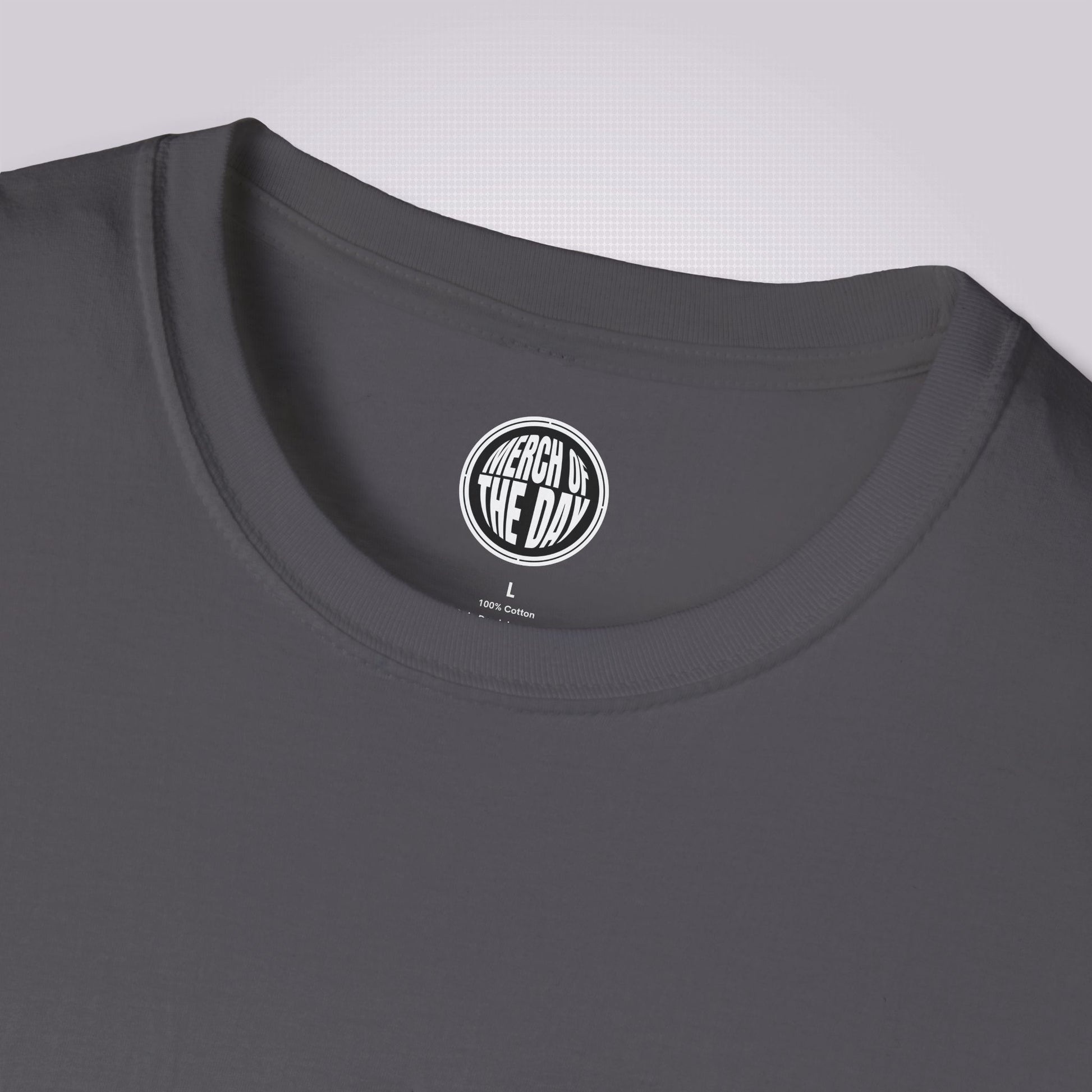 Close up of Charcoal t shirt showing the crew neckline and clothing brand logo on the inner neck label