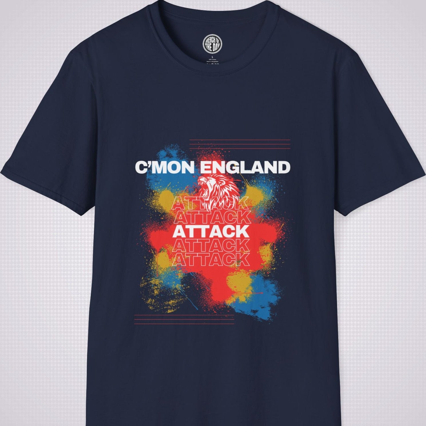 Navy t shirt on a light grey background with an explosion of red yellow and blue with a white lion roaring and the words cmon england attack 