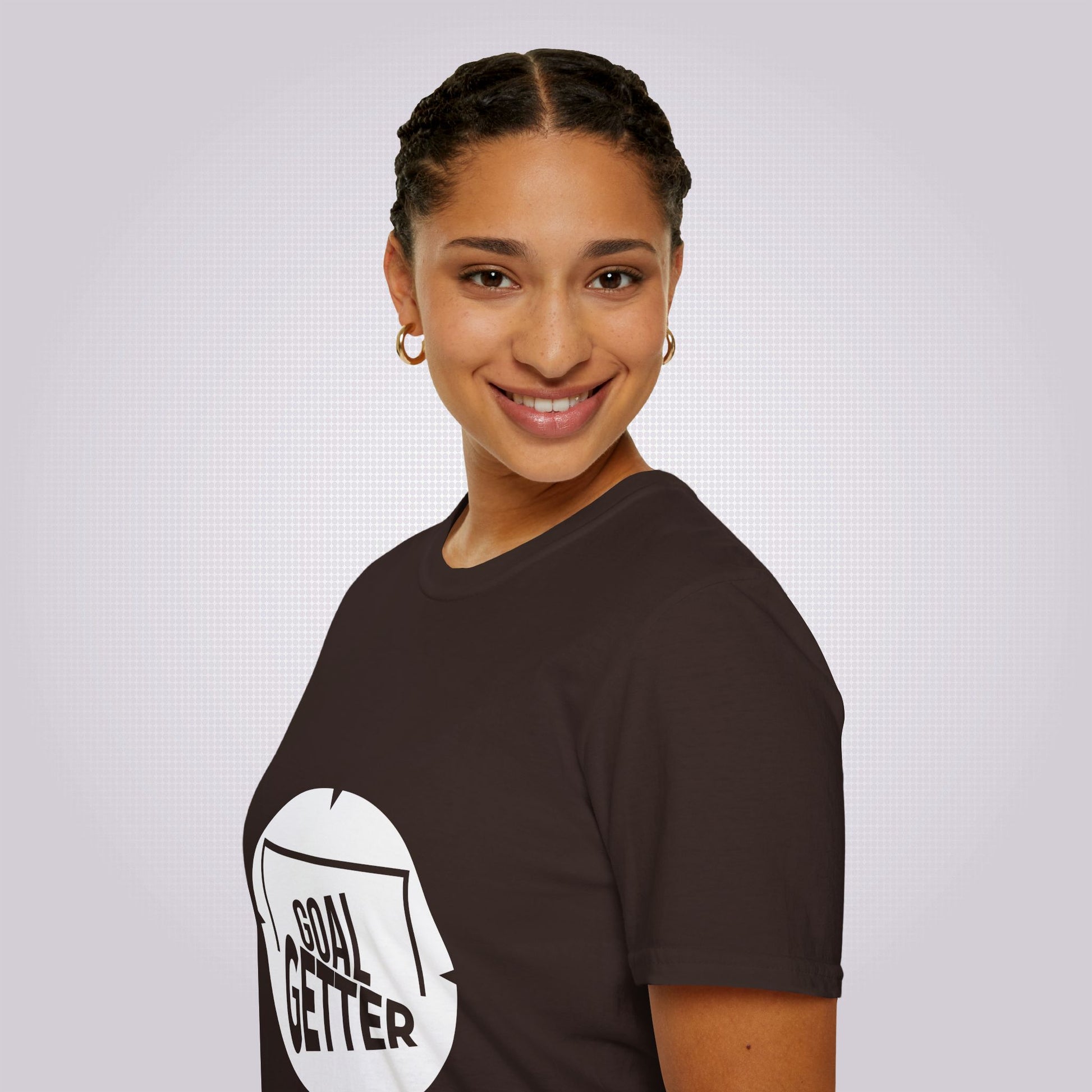 Side profile picture showing young attractive mixed race girl she is smiling at the camera but her body is facing to the left as you look she is modelling the brown variant