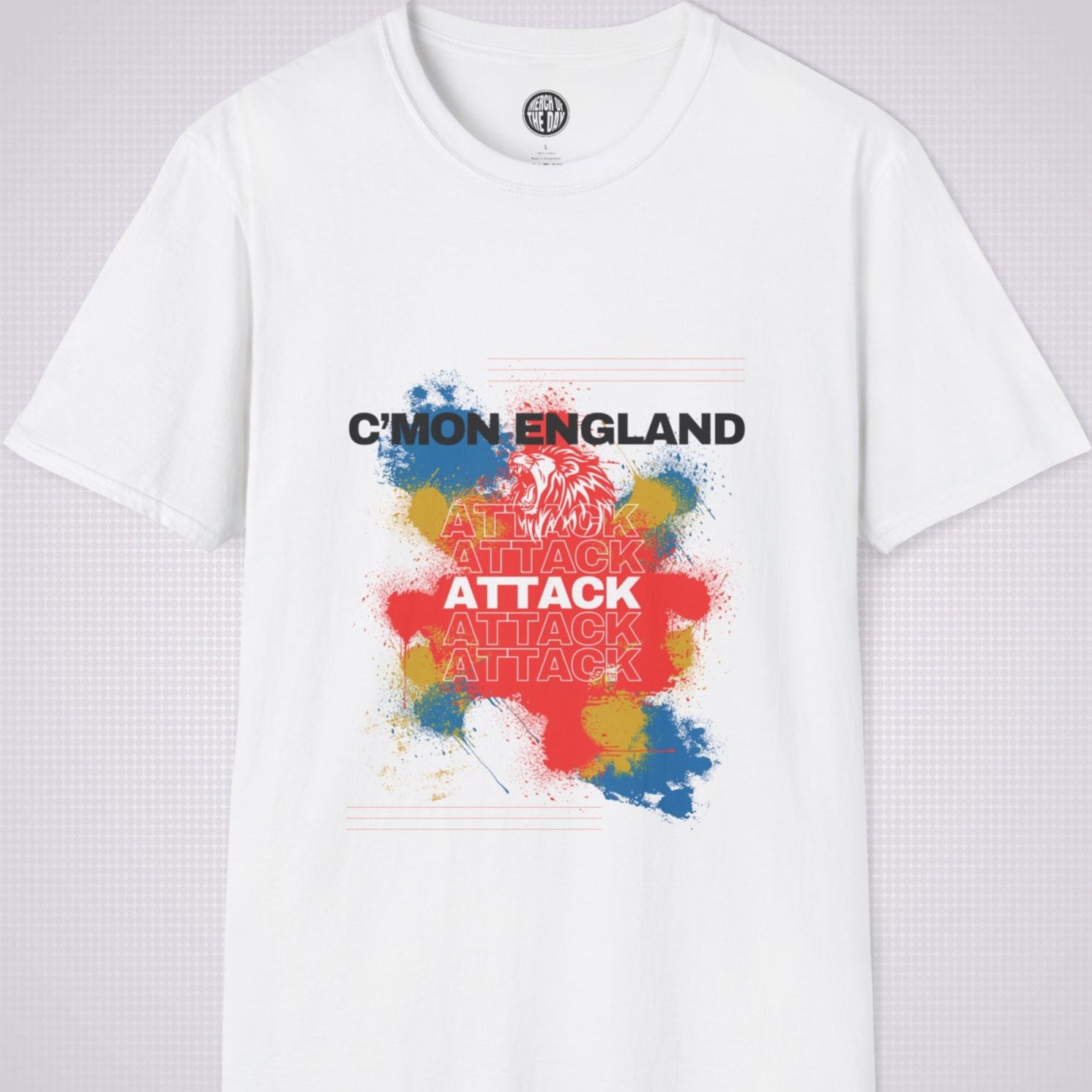 White t shirt on a light grey background with an explosion of red yellow and blue with a white lion roaring and the words cmon england attack 