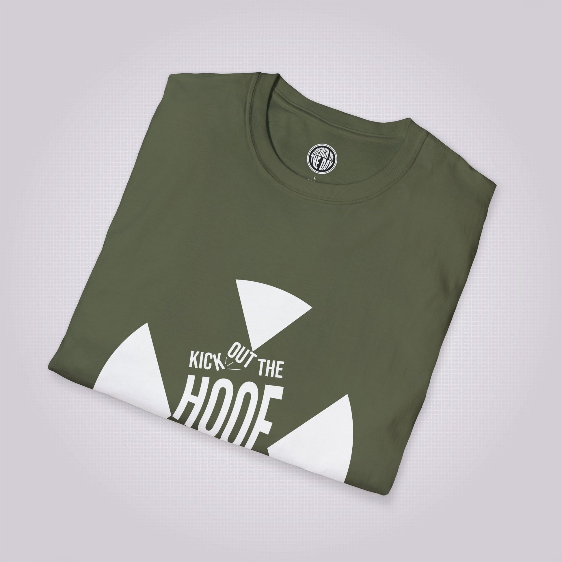 Military Green T Shirt folded up and placed at a slight right angle on a light grey dotted background