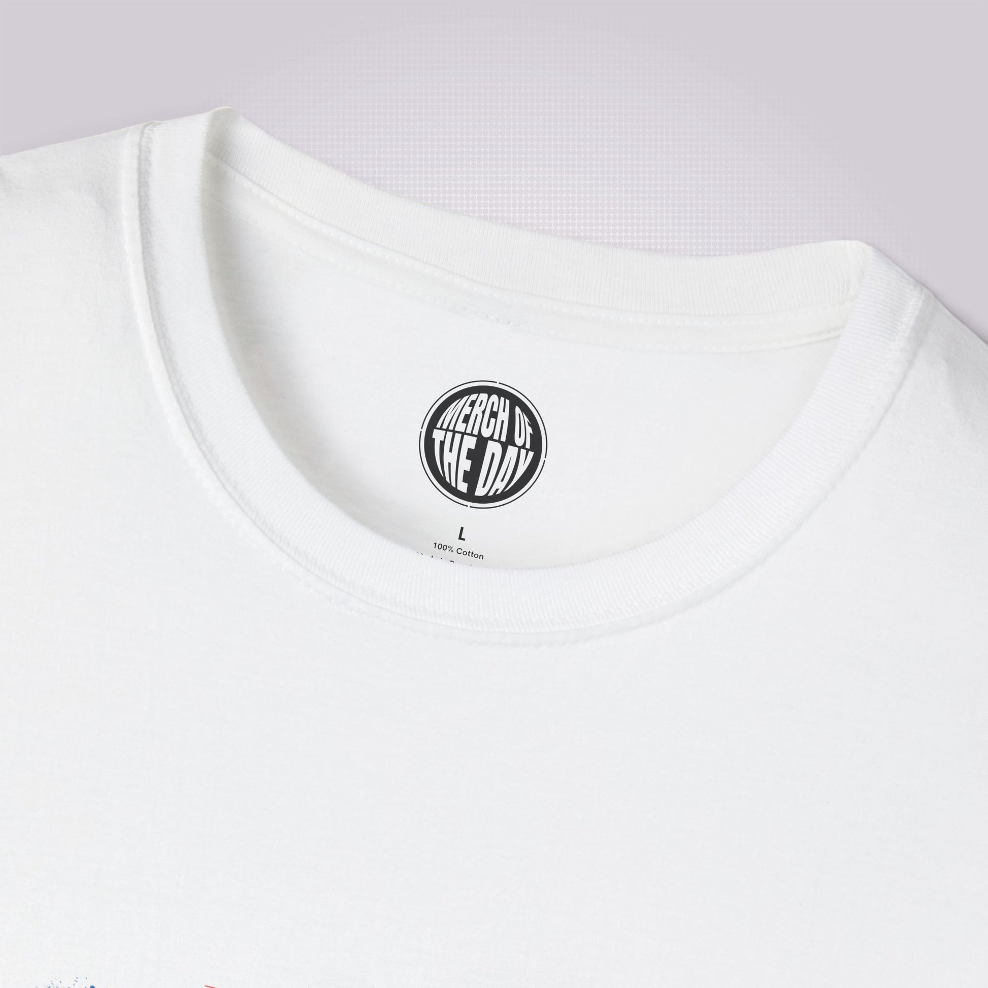 close up of white t shirt showing the crew neckline and the clothing brand logo