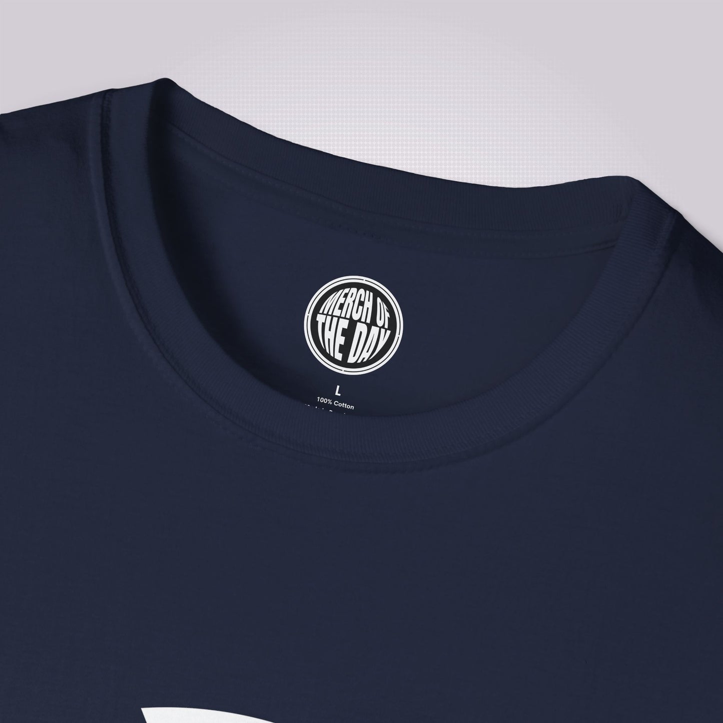 Close up of navy t shirt showing the crew neckline and clothing brand logo on the inner label