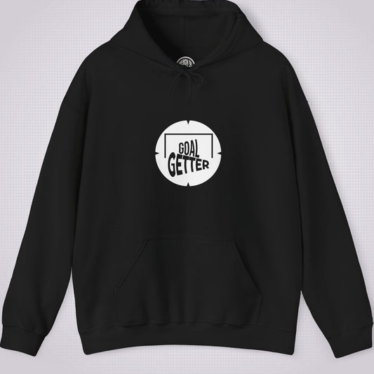 Black hoodie on a light grey patterned background. The graphic on the front shows a circle that partially resembles a target and a football with the words goal getter written inside a soccer goal frame