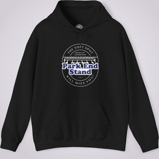 Black hoodie on a light grey dotted background the artwork on the clothing shows an illustration of the Park End Stand at Goodison Park. Above the illustration are the words 'The Soft Spot' in a downward facing arc, under that it says 'Down at Goodison'. Underneath the illustration it reads "Park End Stand" in bold blue letters with a white fill behind it to make it stand out, then underneath that it reads 'Will Miss You' in a upward facing arc.