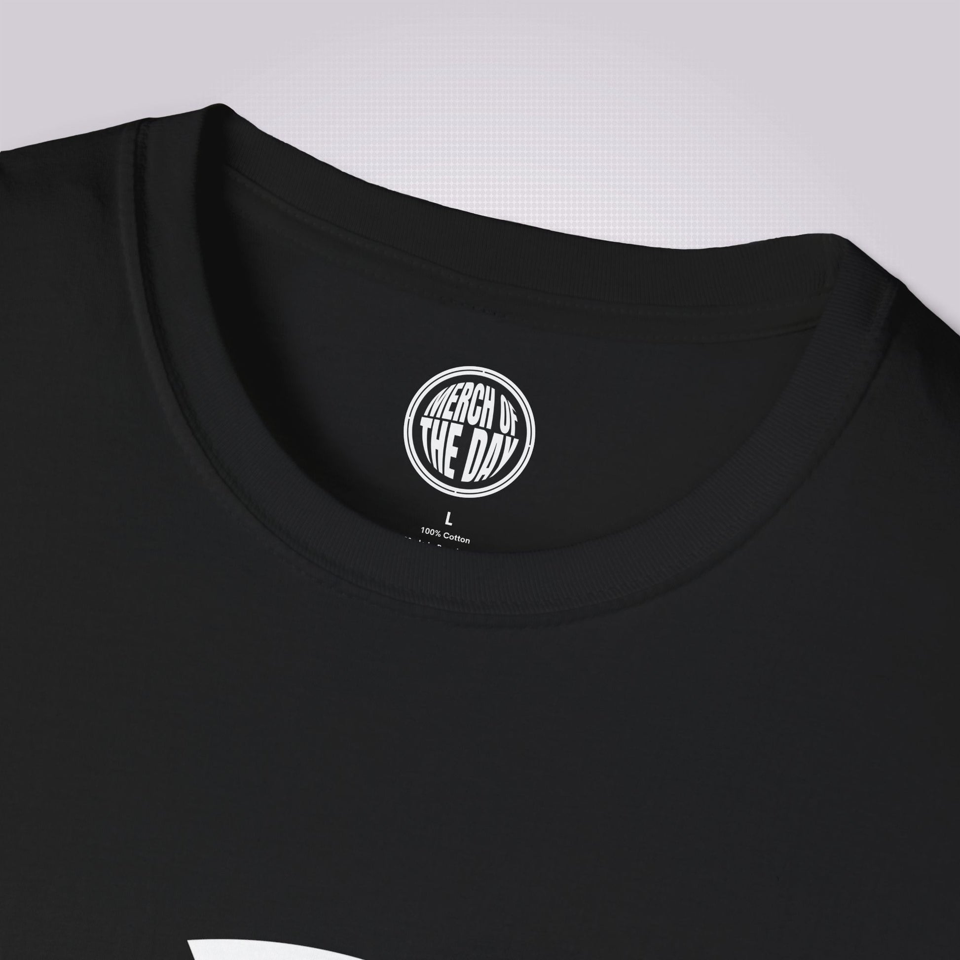 Close up of black t shirt showing the crew neckline and clothing brand logo on the inner label