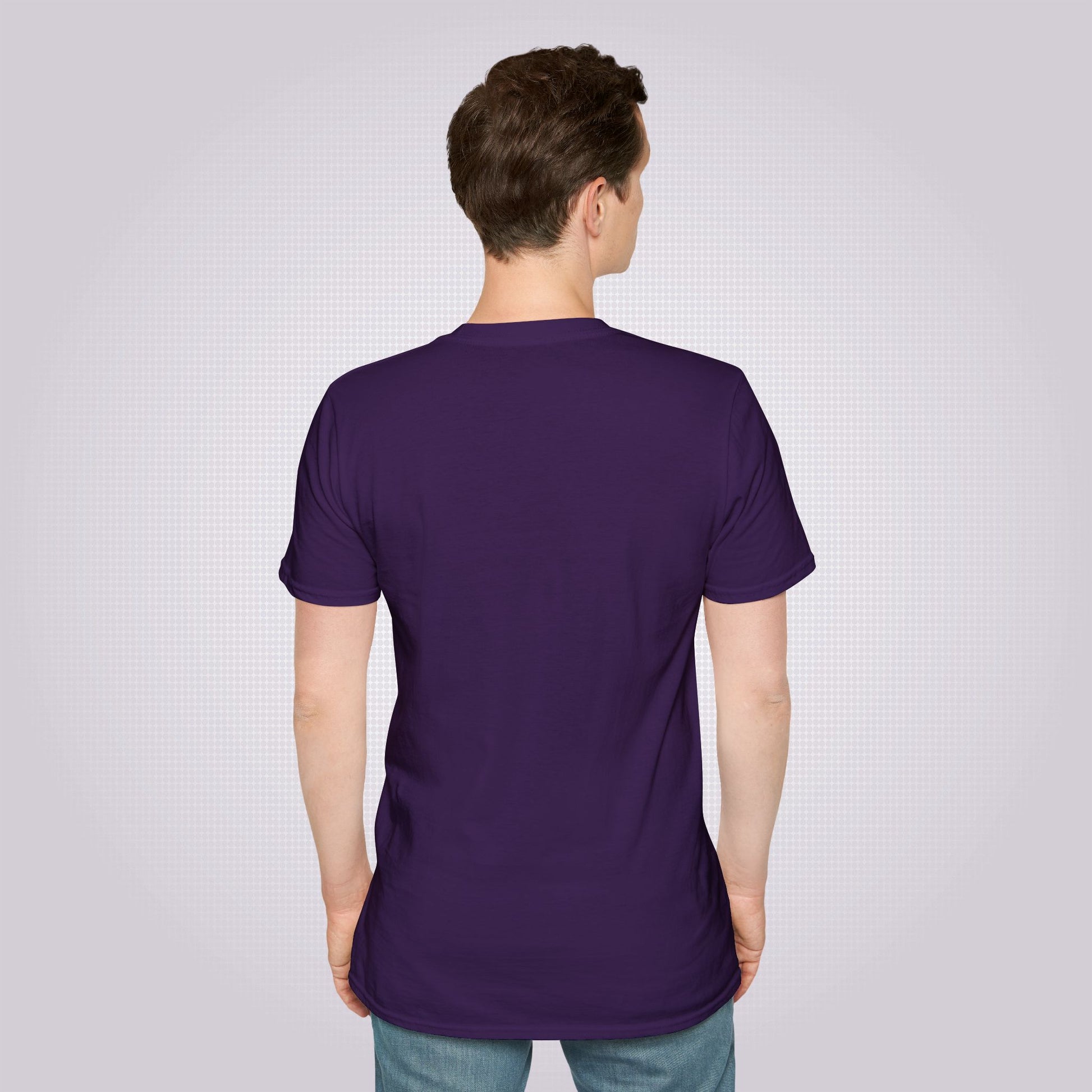 Picture shows a young male model wearing the purple t shirt with his back to the camera