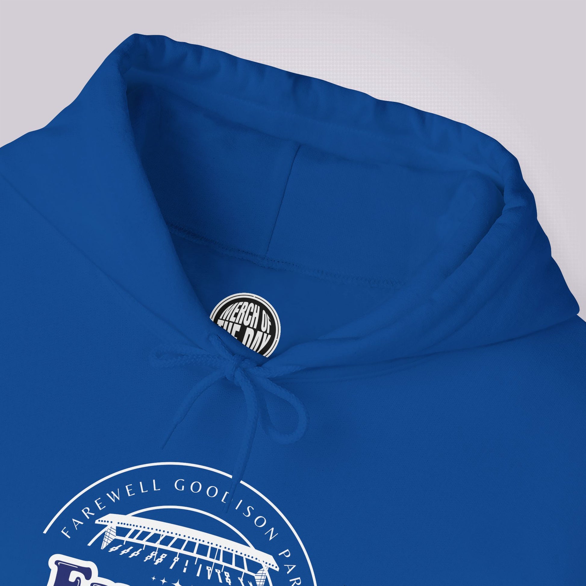 Close up of the royal blue hoodie showing the drawstring ties which are attached to the hood also visible is the top section of the graphic and the clothing brand logo on the inner label